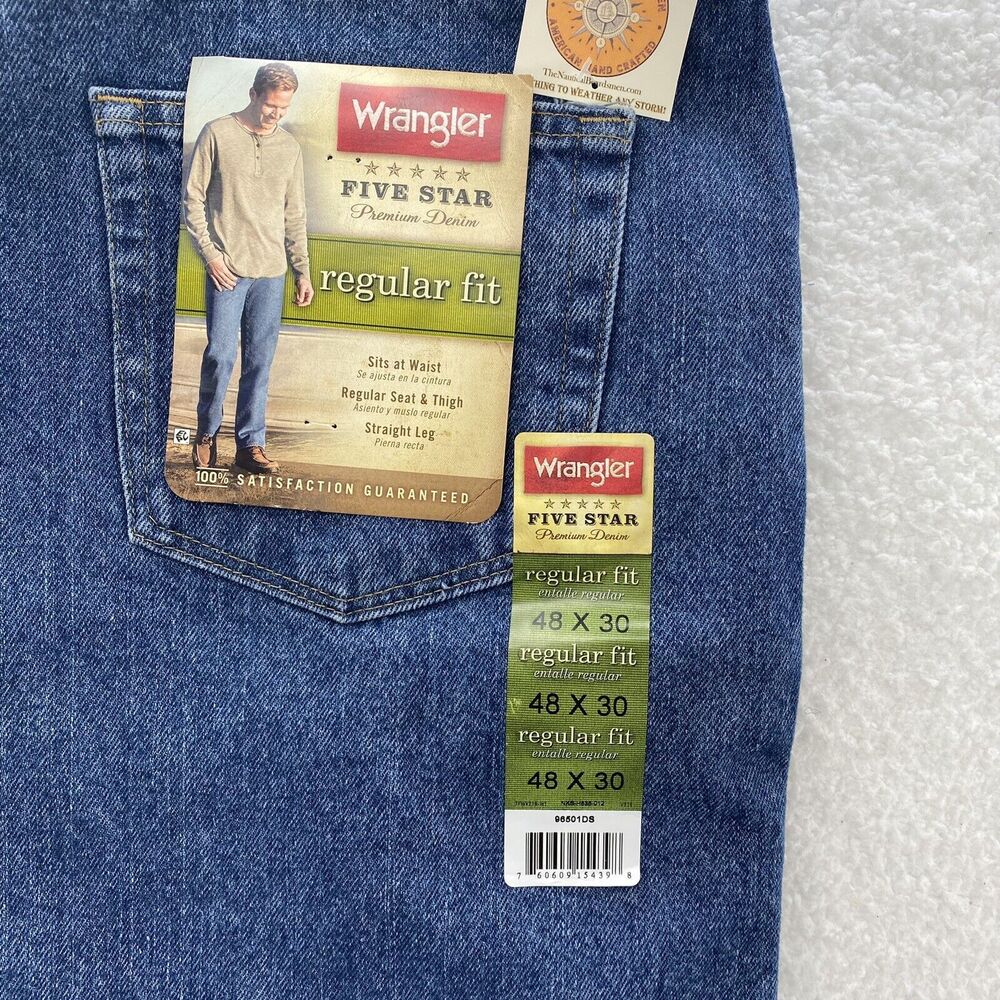 Wrangler Jeans Men 48x30 Blue Five Star Regular Fit Denim Sits at Waist Med Wash - Picture 14 of 16